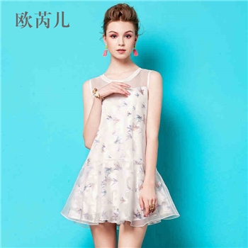 欧芮儿2015夏季新款女装甜美优雅印花拼接无袖连衣裙高腰a字裙夏